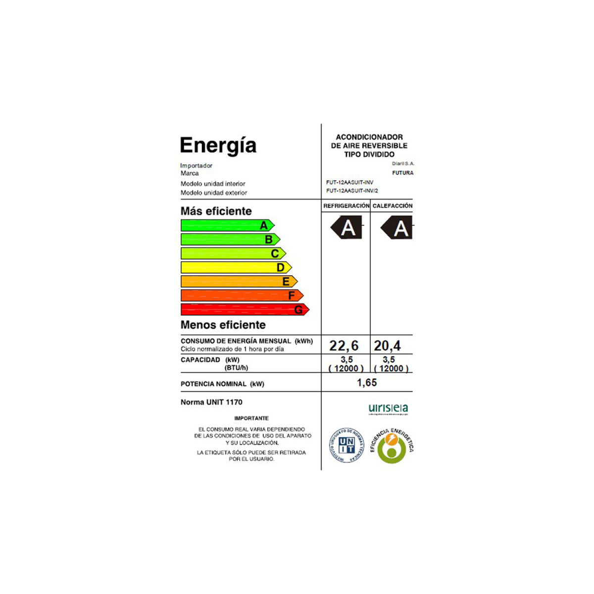 Aire Acondicionado Futura Inverter FUT-12AASUIT-INV 12000 BTU