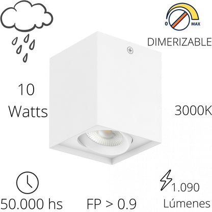 Aplique spot led DIMERIZABLE 10w CUBO de techo 3000K