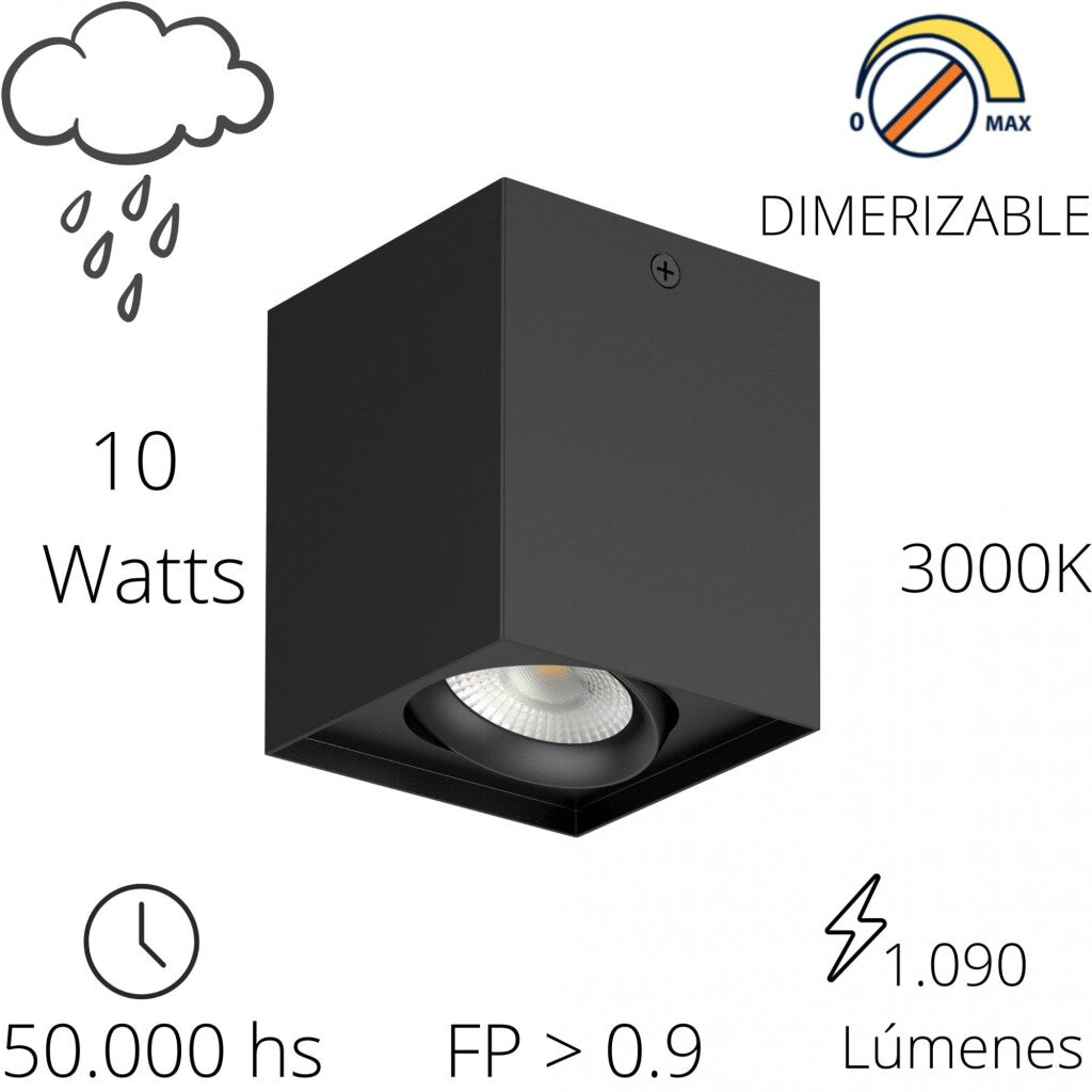 Aplique spot led DIMERIZABLE 10w CUBO de techo 3000K