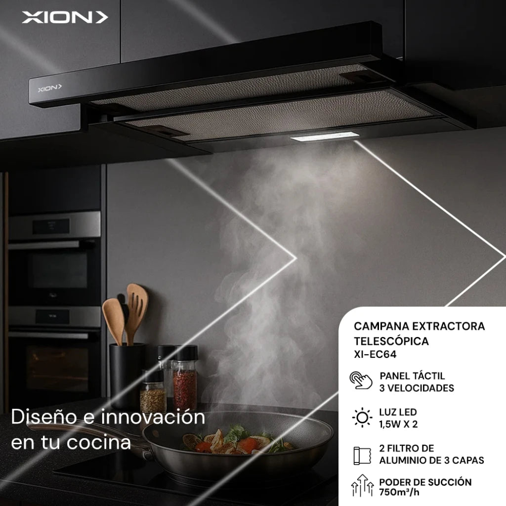 campana extractora telescopica full black/glass