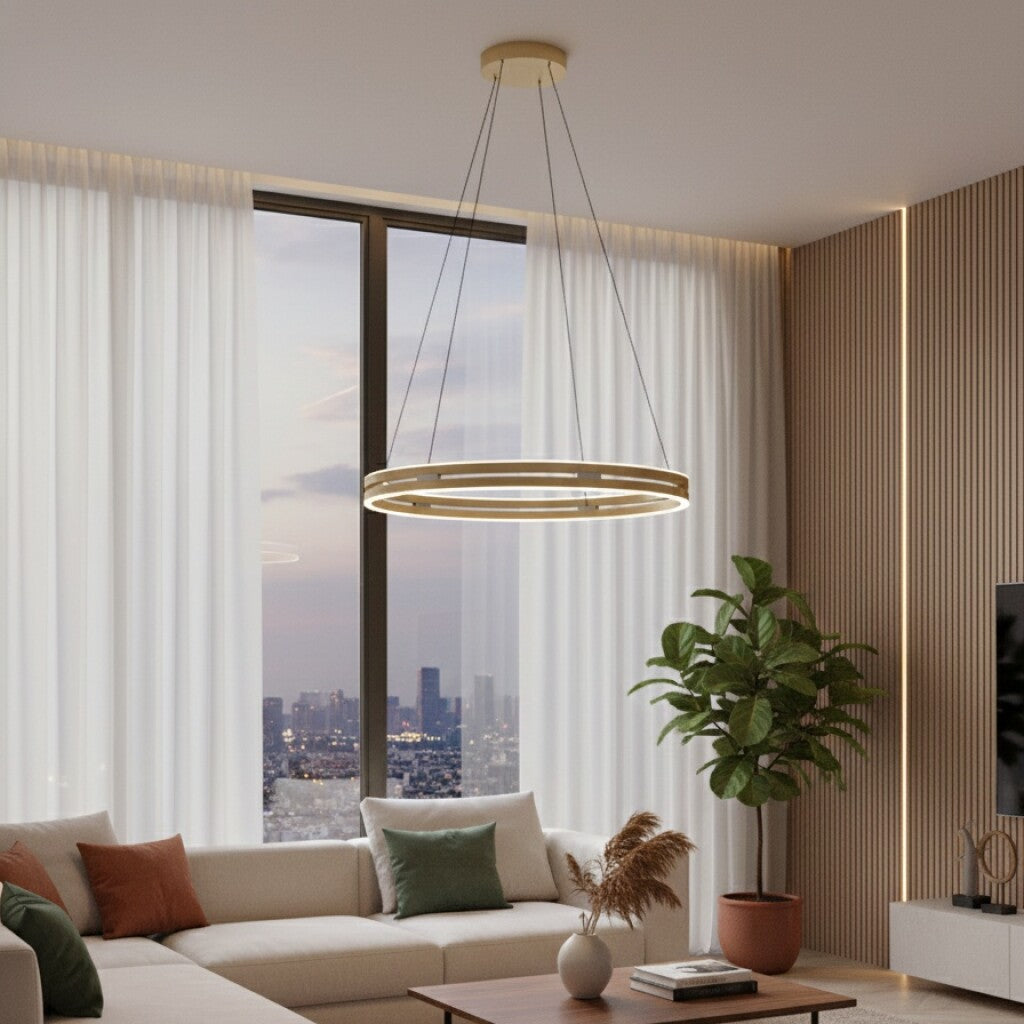 Colgante led anillo motorizado 44w 70cm a control remoto con varias funciones, Dorado.