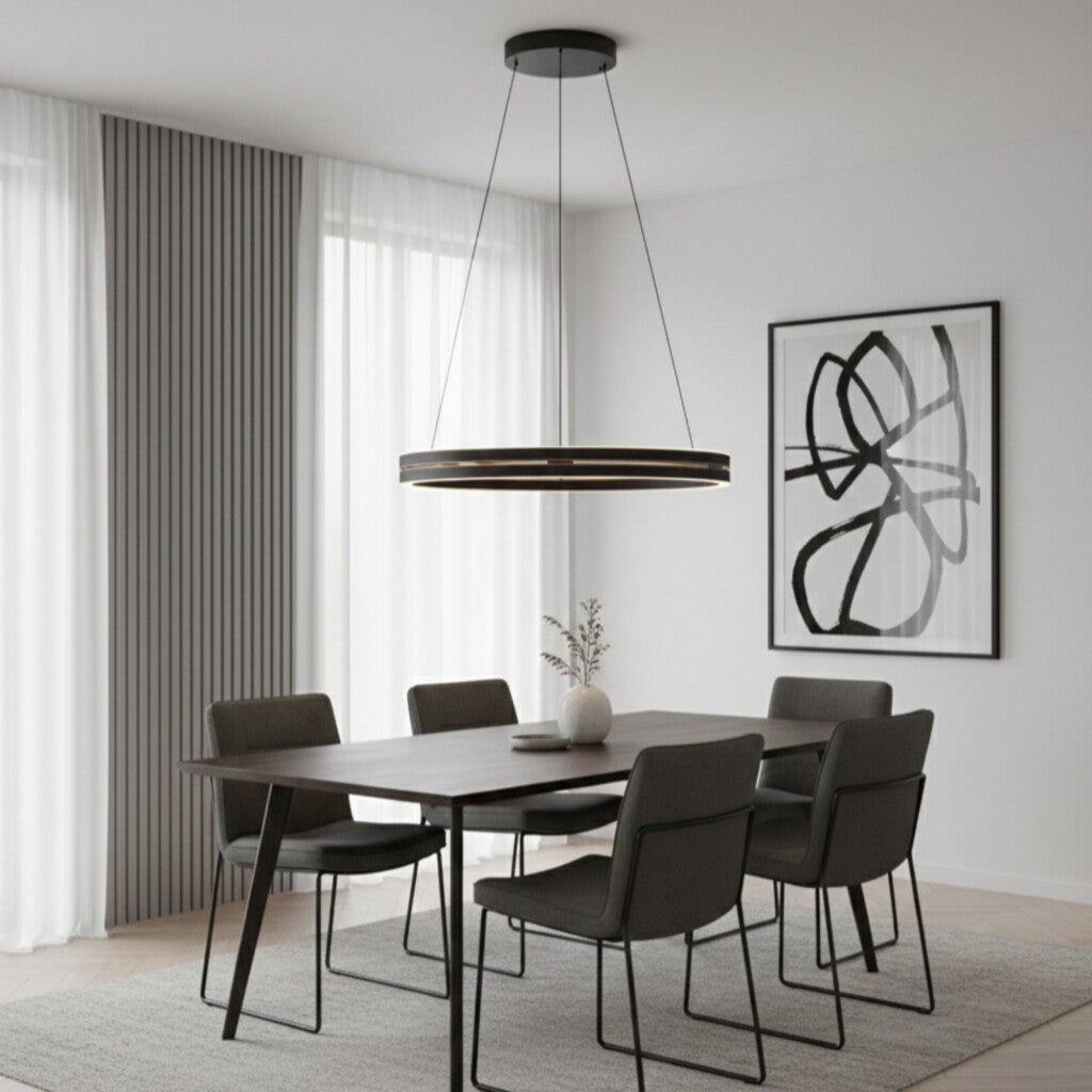 Colgante led anillo motorizado 44w 70cm a control remoto con varias funciones, Negro y madera