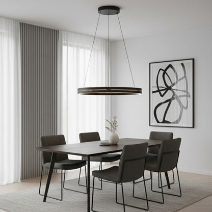 Colgante led anillo motorizado 44w 70cm a control remoto con varias funciones, Negro y madera