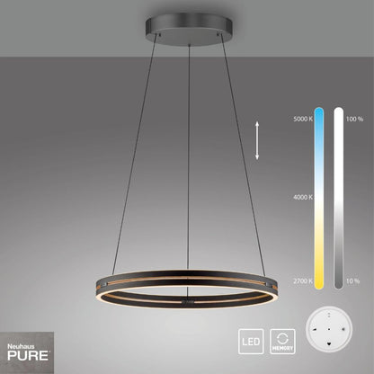 Colgante led anillo motorizado 44w 70cm a control remoto con varias funciones, Negro y madera