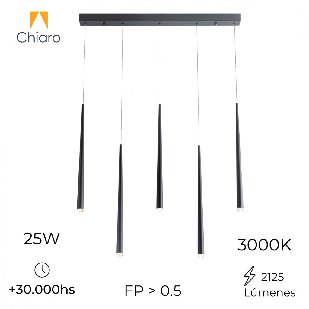 Colgante Led cinco luces lineales tubular 25W