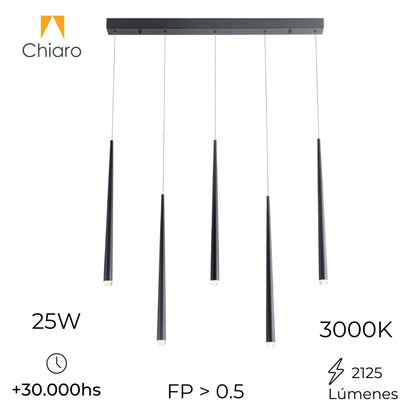 Colgante Led cinco luces lineales tubular 25W