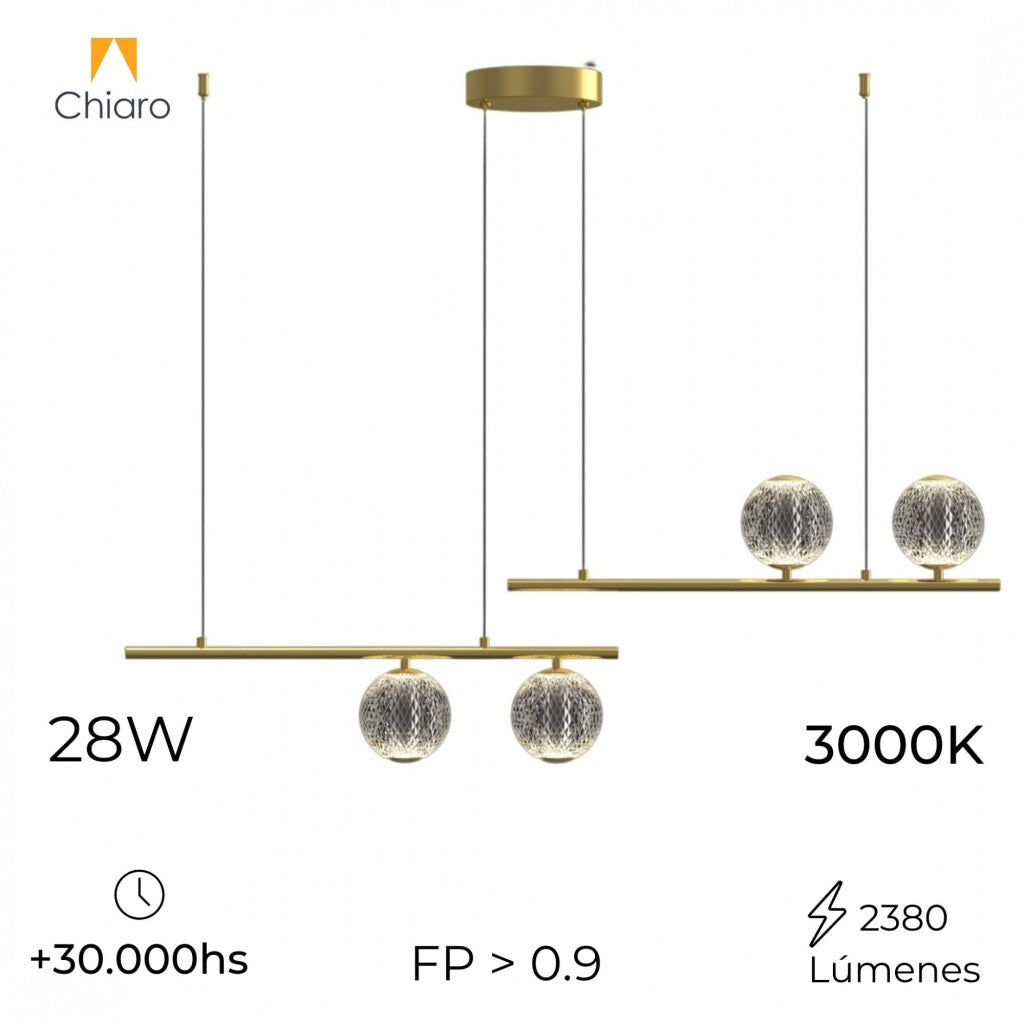 Colgante led lineal cuatro esferas dorado 28W