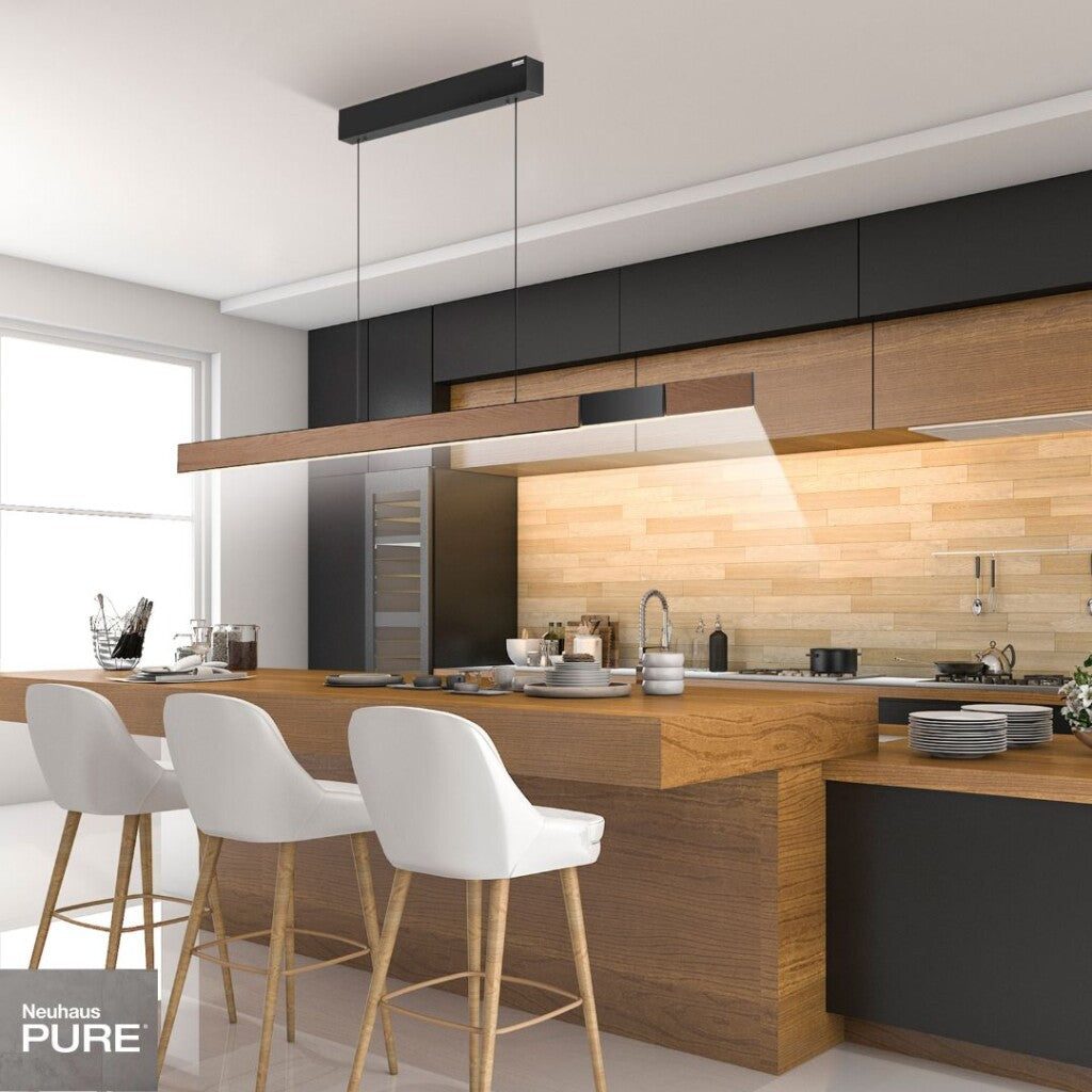 Colgante led lineal motorizado con varias funciones, negro y simil madera