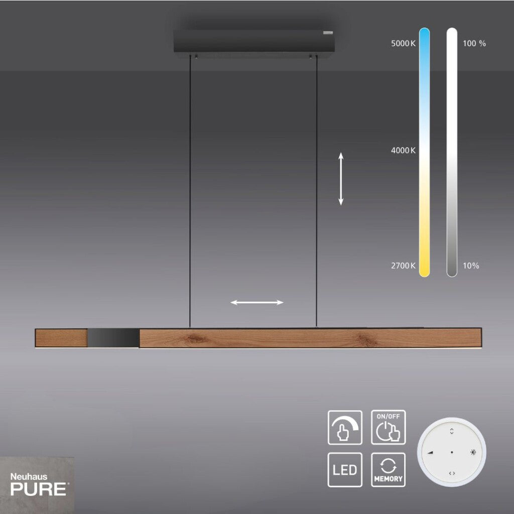 Colgante led lineal motorizado con varias funciones, negro y simil madera