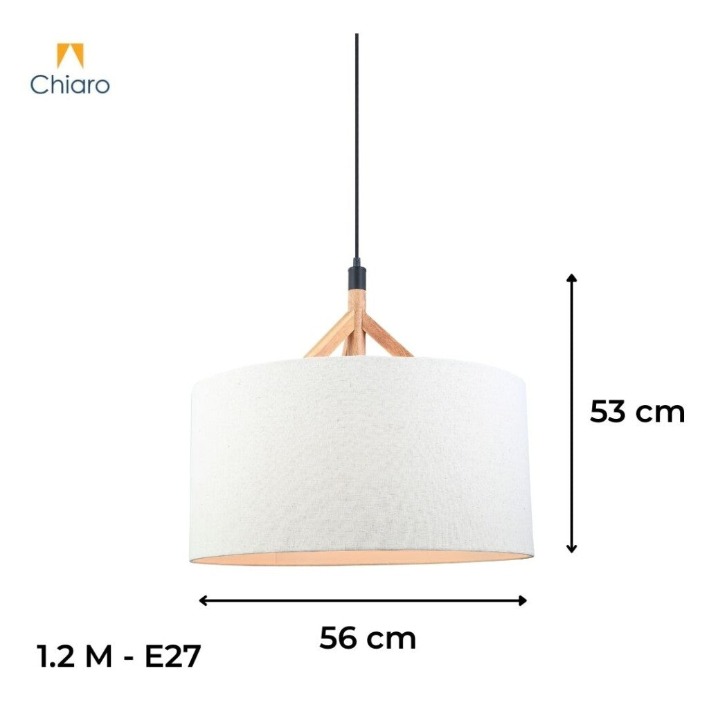 Colgante pantalla de tela natural y detalles en madera 56cm