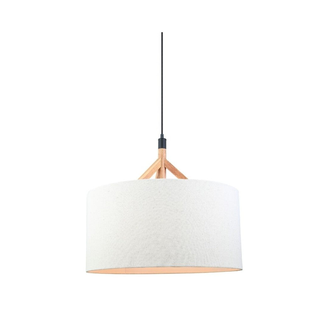 Colgante pantalla de tela natural y detalles en madera 56cm