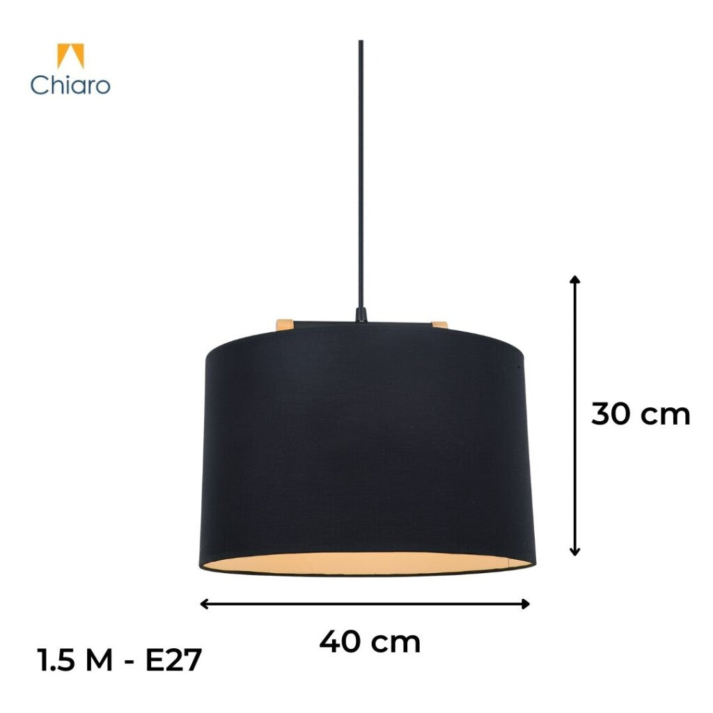 Colgante pantalla de tela negra y detalles en madera 40cm