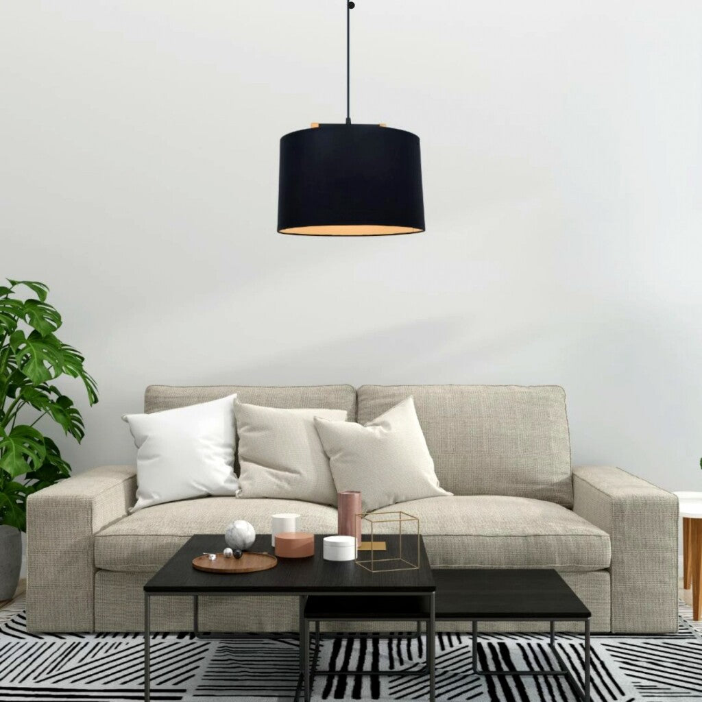 Colgante pantalla de tela negra y detalles en madera 40cm
