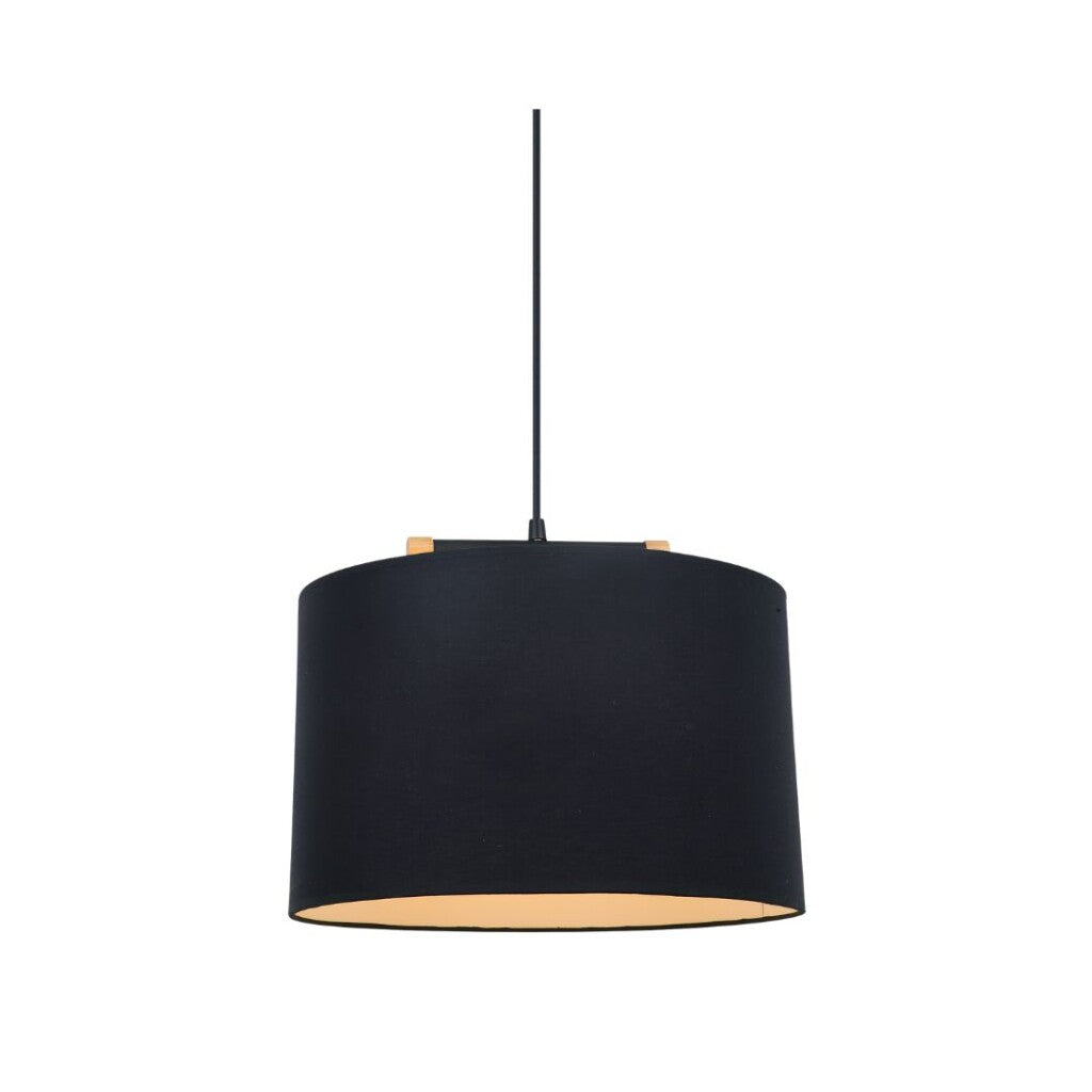 Colgante pantalla de tela negra y detalles en madera 40cm