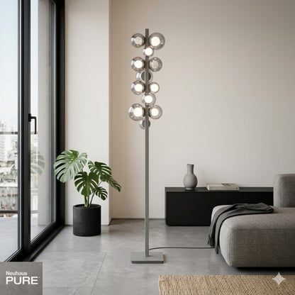 Lampara de pie Esferas vidrio ahumado 29W -160cm dimerizable, 3 colores de luz