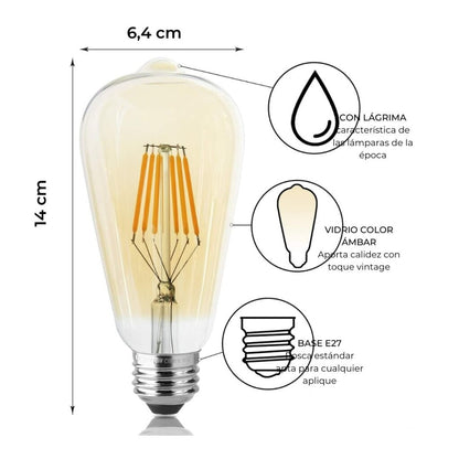 Lampara Led Filamento Vintage Pera ámbar 8W Dimerizable