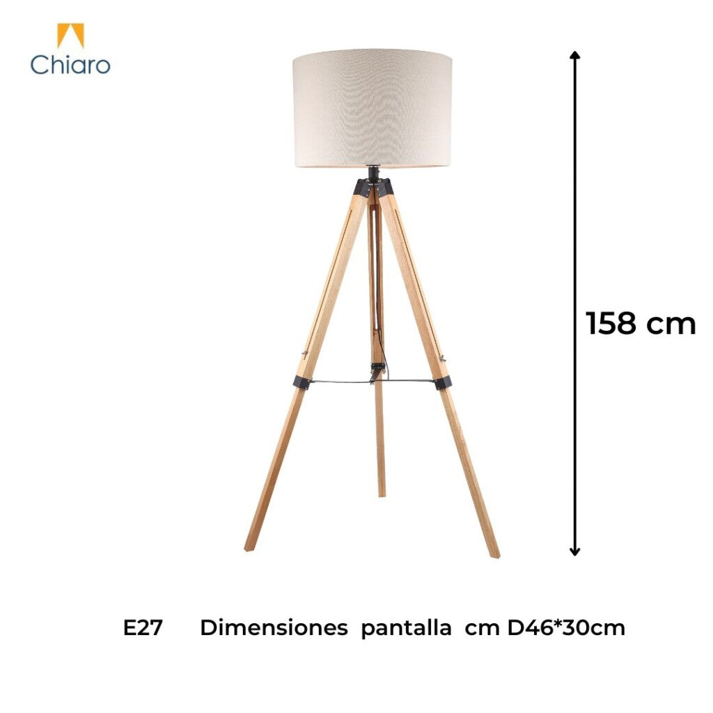 Luminaria de pie pantalla natural y madera estilo tripode -E27 158cm