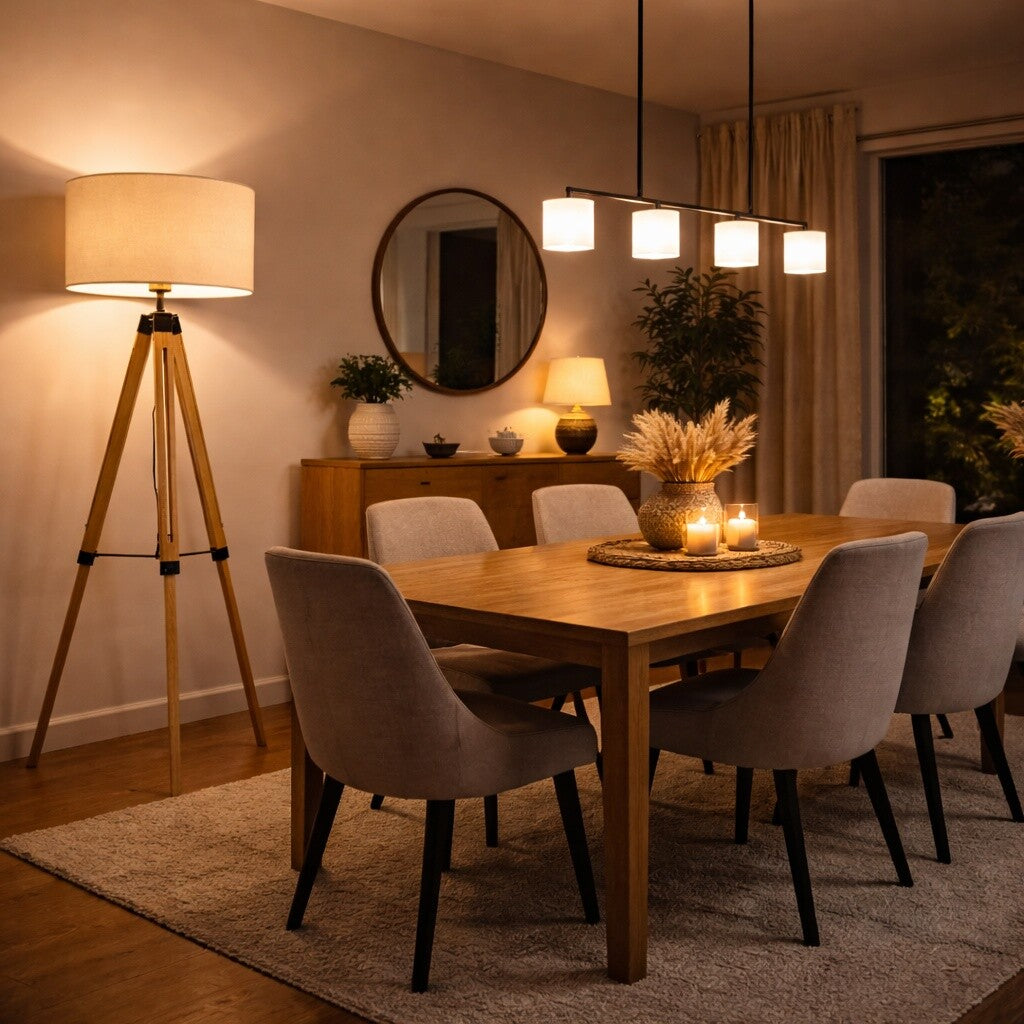 Luminaria de pie pantalla natural y madera estilo tripode -E27 158cm