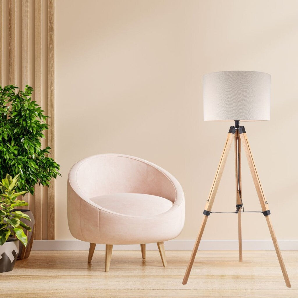 Luminaria de pie pantalla natural y madera estilo tripode -E27 158cm