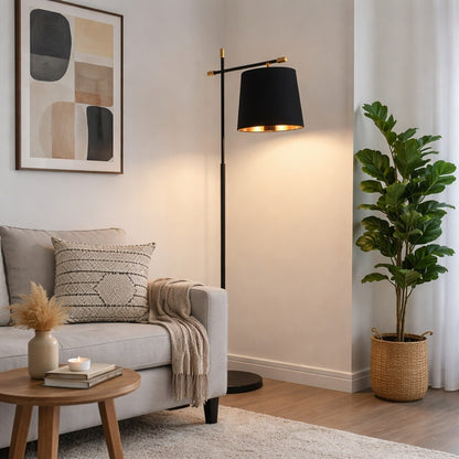 Luminaria de pie pantalla negra y detalles en madera E27 163cm
