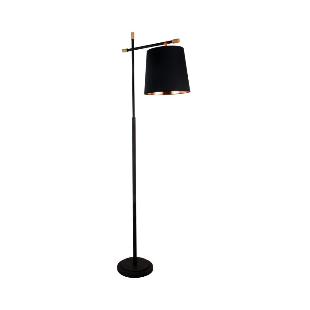 Luminaria de pie pantalla negra y detalles en madera E27 163cm