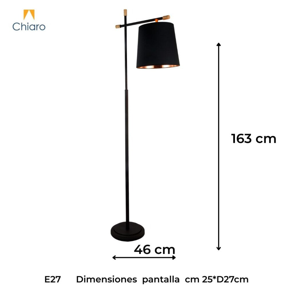 Luminaria de pie pantalla negra y detalles en madera E27 163cm