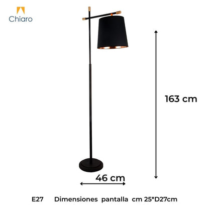 Luminaria de pie pantalla negra y detalles en madera E27 163cm