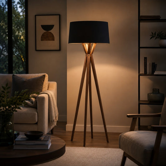 Luminaria de pie pantalla negra y madera E27 147cm