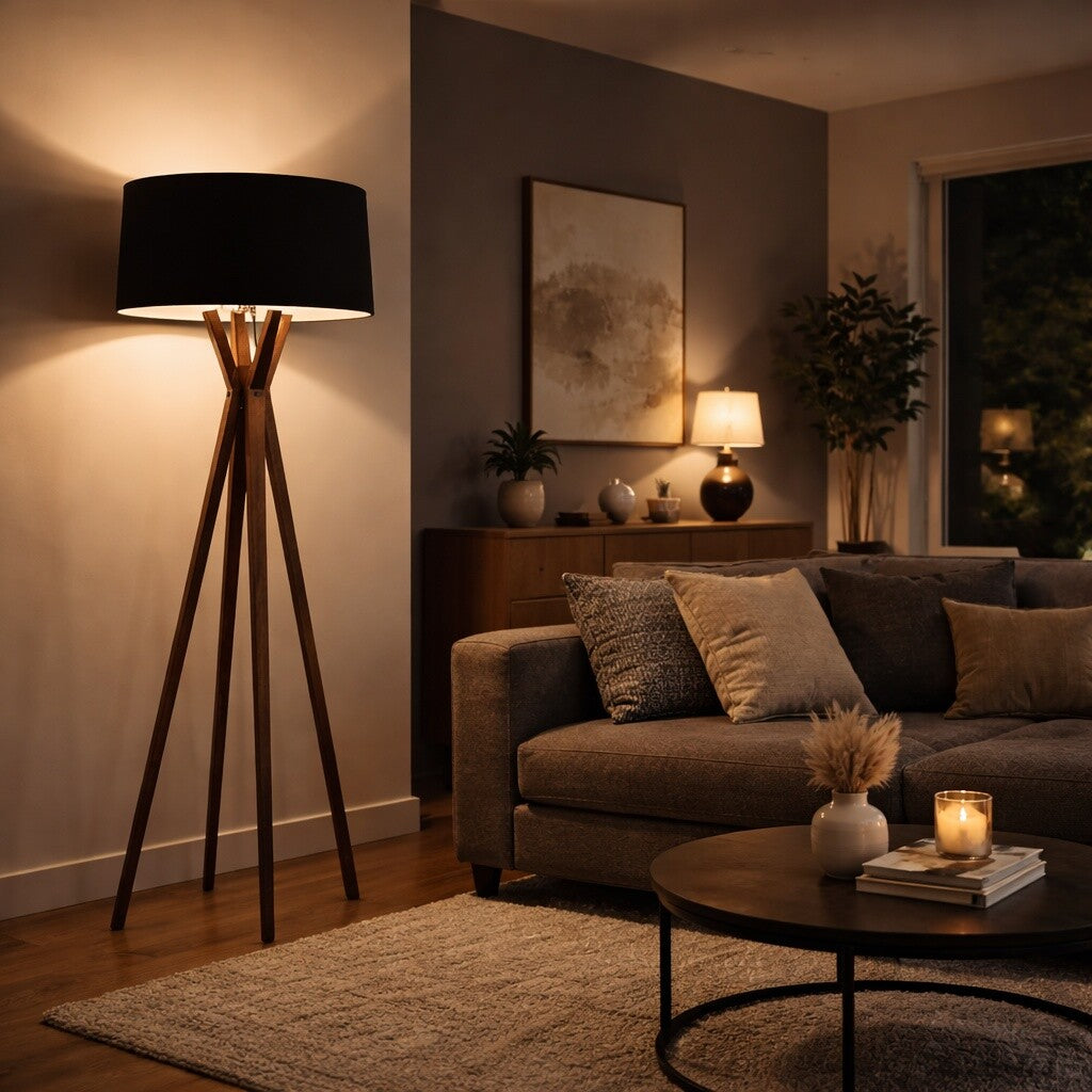 Luminaria de pie pantalla negra y madera E27 147cm