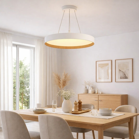 Luminaria led suspender blanca y madera 48W dimerizable, 50cm