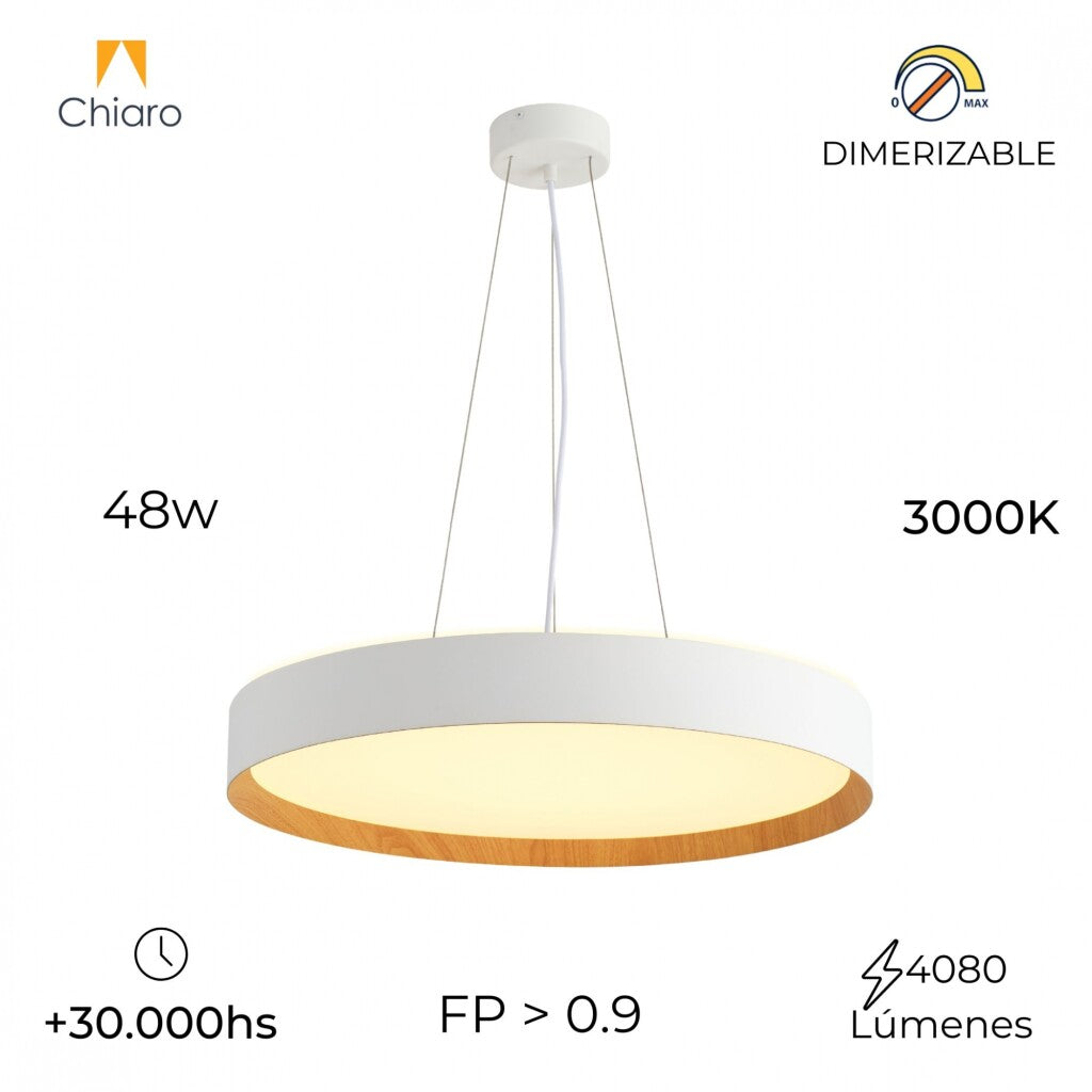 Luminaria led suspender blanca y madera 48W dimerizable, 50cm