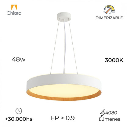 Luminaria led suspender blanca y madera 48W dimerizable, 50cm