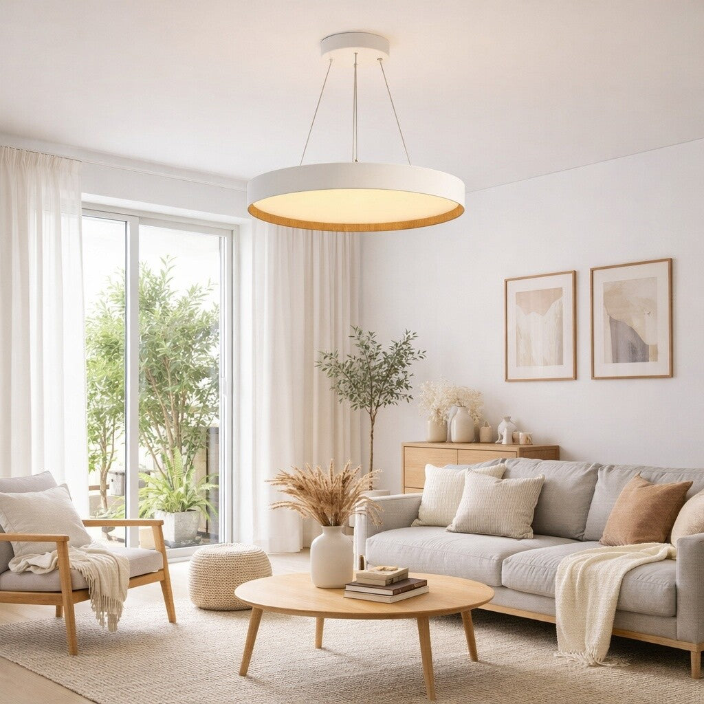 Luminaria led suspender blanca y madera 48W dimerizable, 50cm