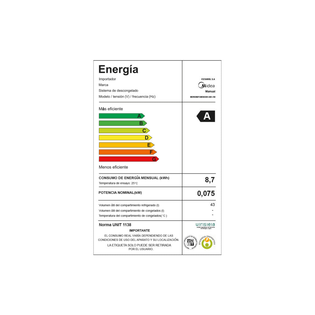 Minibar Negro 45L Midea MDRD86FGM30