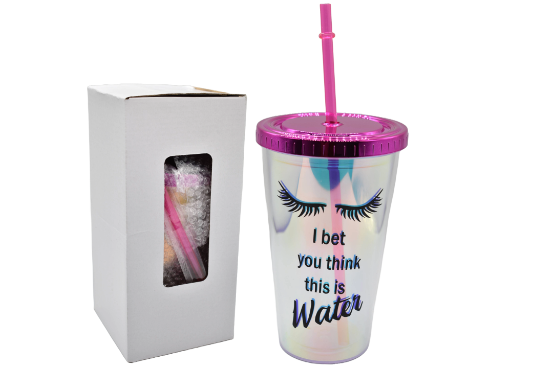 Vaso acrílico tornasolado con frase y sorbito 450ml