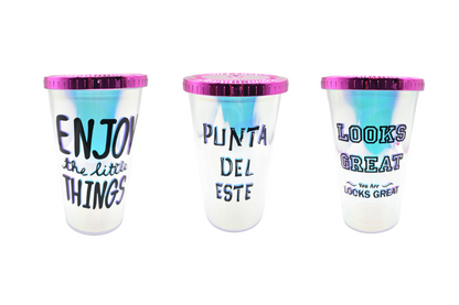 Vaso acrílico tornasolado con frase y sorbito 450ml