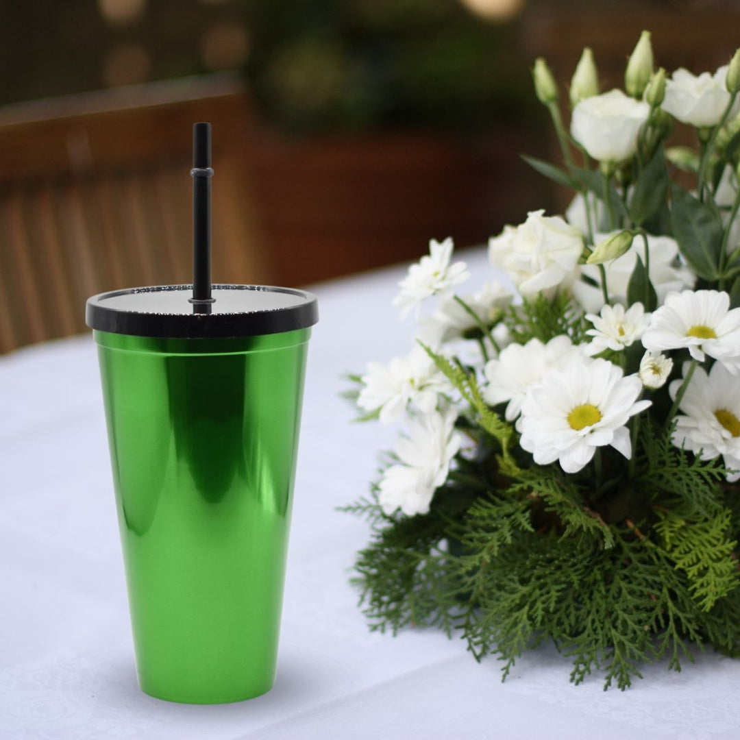 Vaso plástico metalizado verde con sorbito 600ml