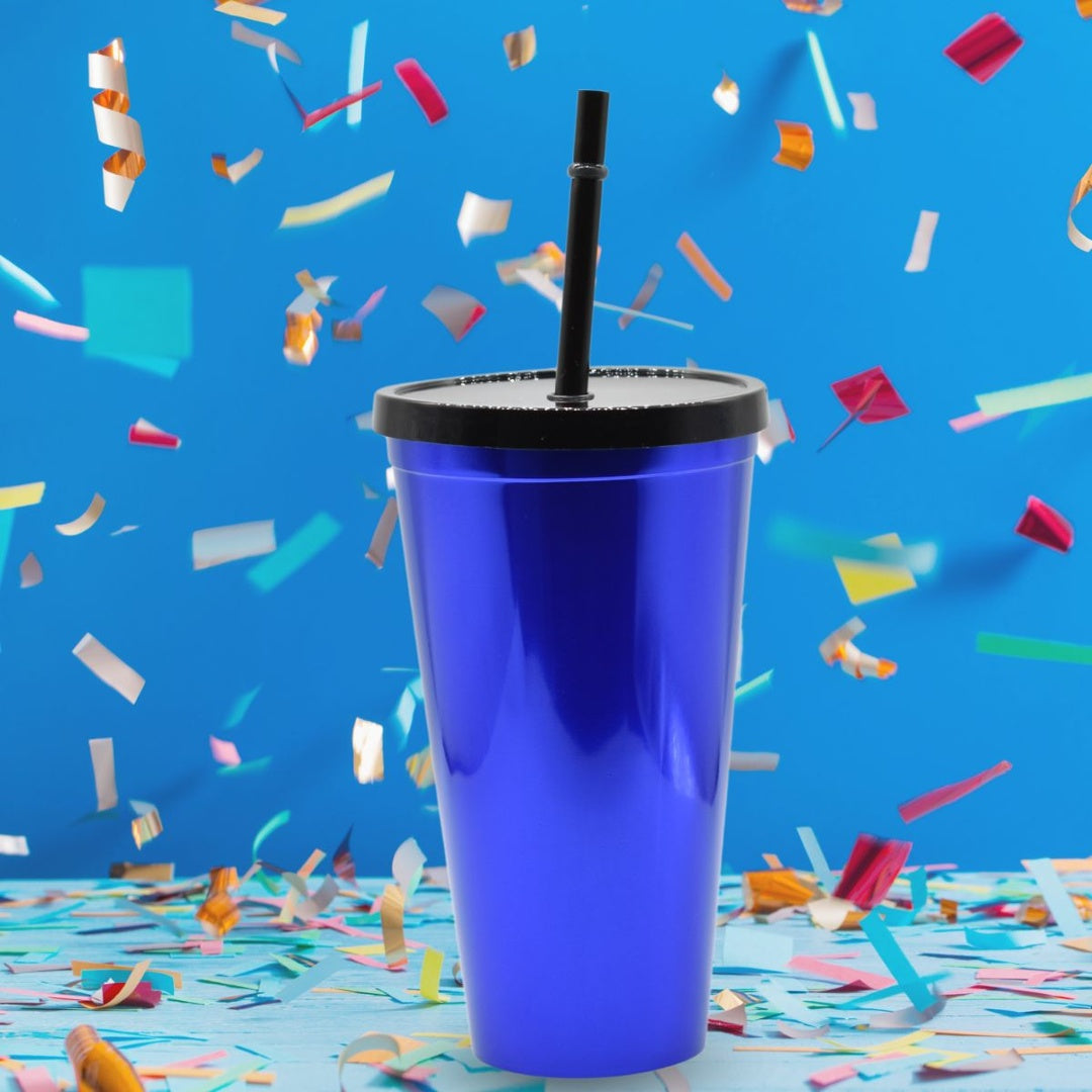 Vaso plástico metalizado azul con sorbito 600ml