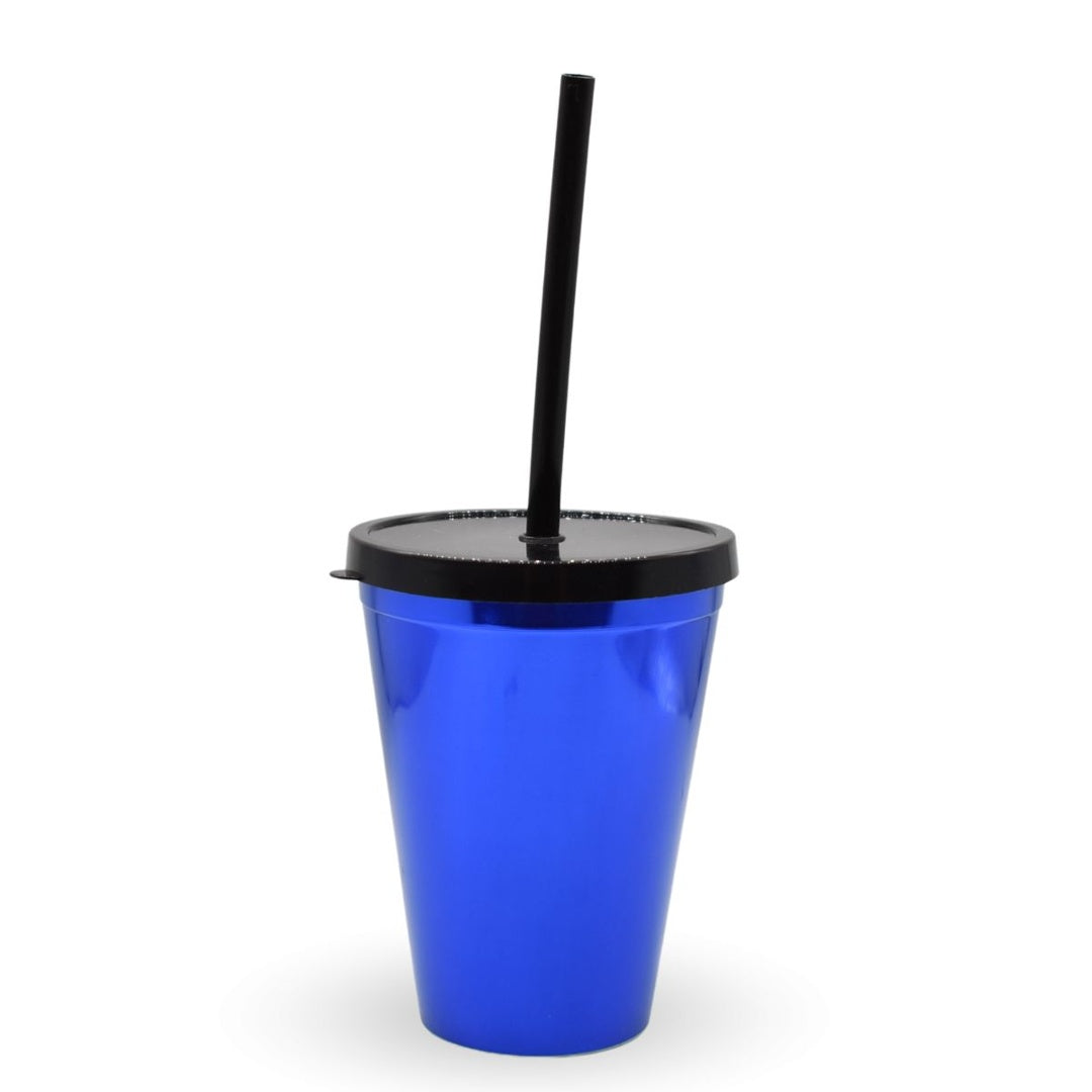 Vaso plástico metalizado azul con sorbito 420ml