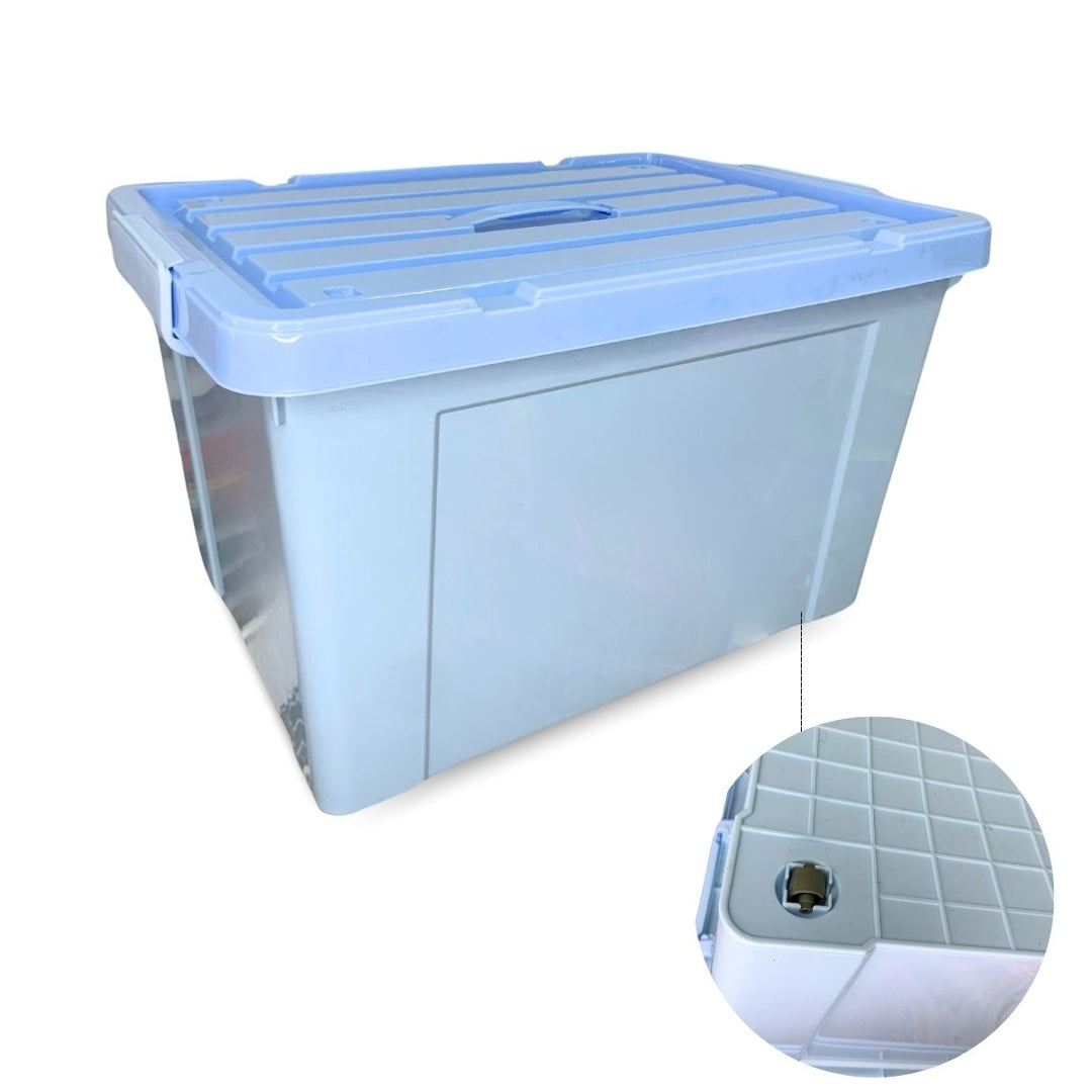 Caja plástica celeste apilable con ruedas 100Lts.