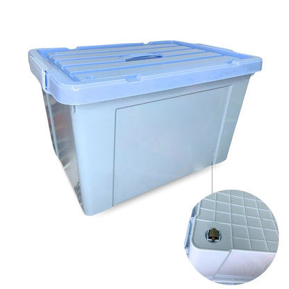 Caja plástica celeste apilable con ruedas 100Lts.