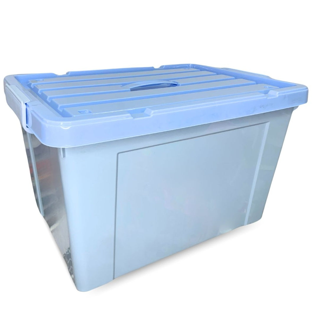 Caja plástica celeste apilable con ruedas 100Lts.