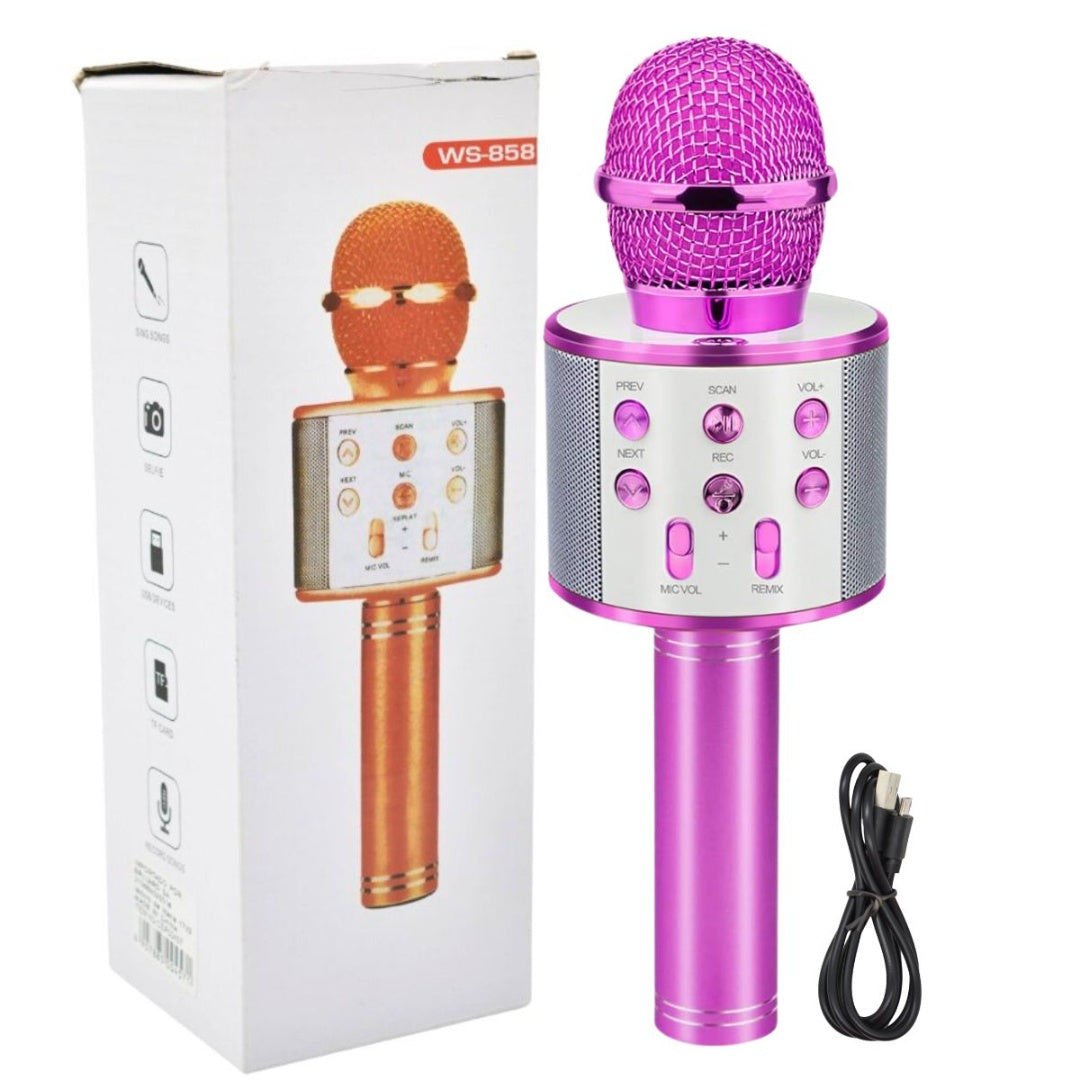 Micrófono parlante karaoke bluetooth 22x7cm. Rosado