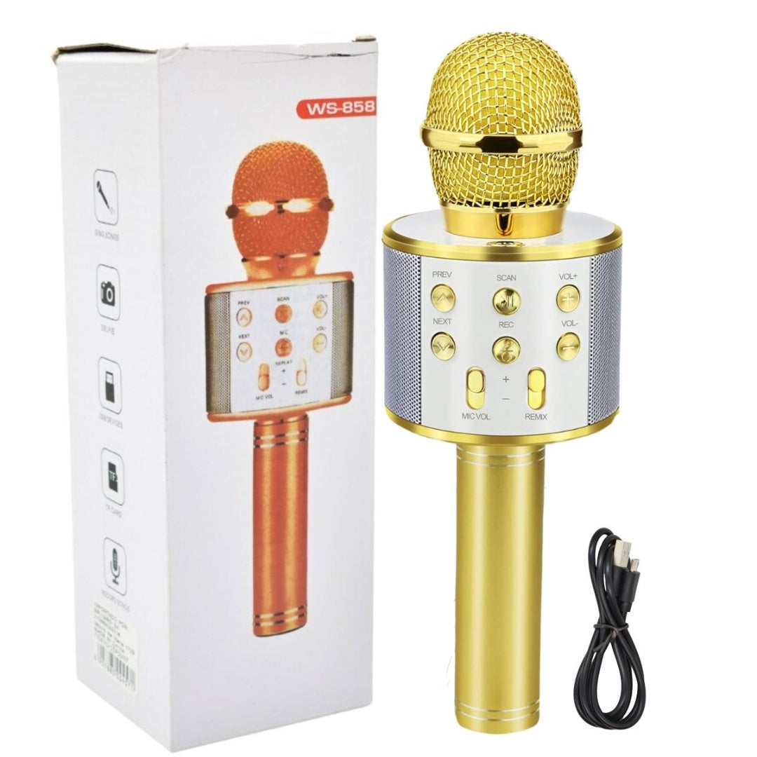Micrófono parlante karaoke bluetooth 22x7cm. Dorado