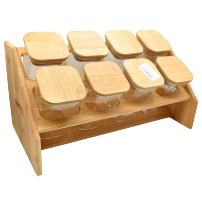 Recipientes de vidrio con tapa y soporte de madera