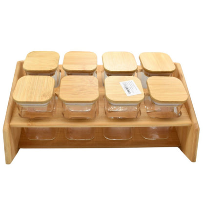 Recipientes de vidrio con tapa y soporte de madera