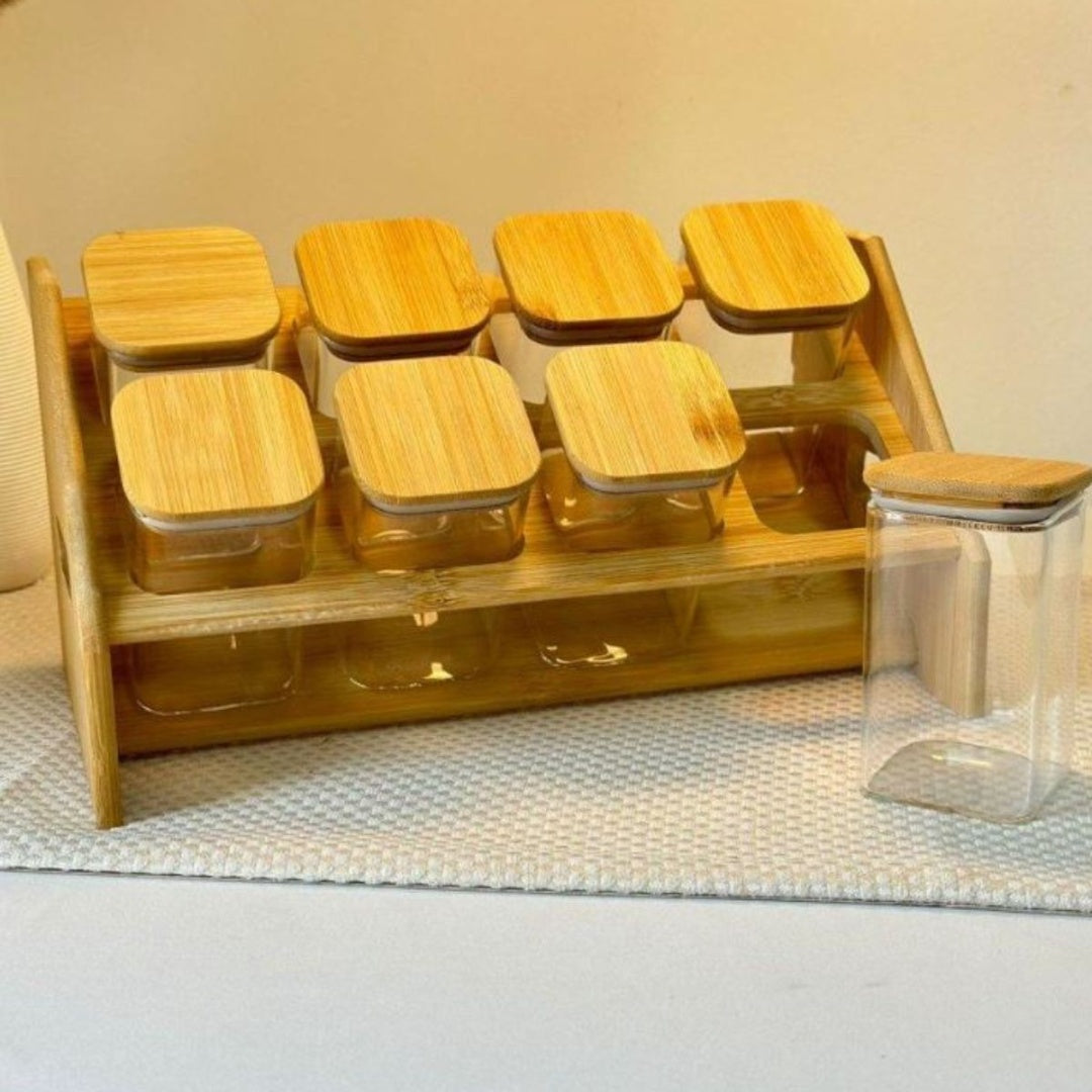Recipientes de vidrio con tapa y soporte de madera