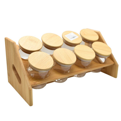 Recipientes de vidrio con tapa y soporte de madera