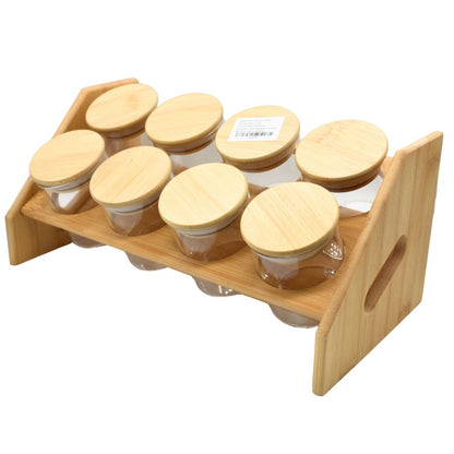 Recipientes de vidrio con tapa y soporte de madera
