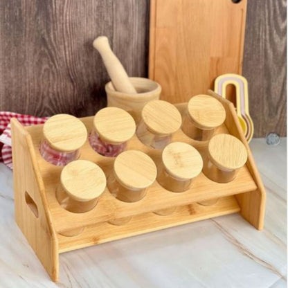 Recipientes de vidrio con tapa y soporte de madera